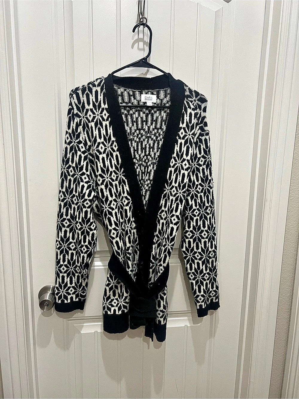 Croft & Barrow Black White Geometric Knit Cardigan Sweater Belted Open Front XXL